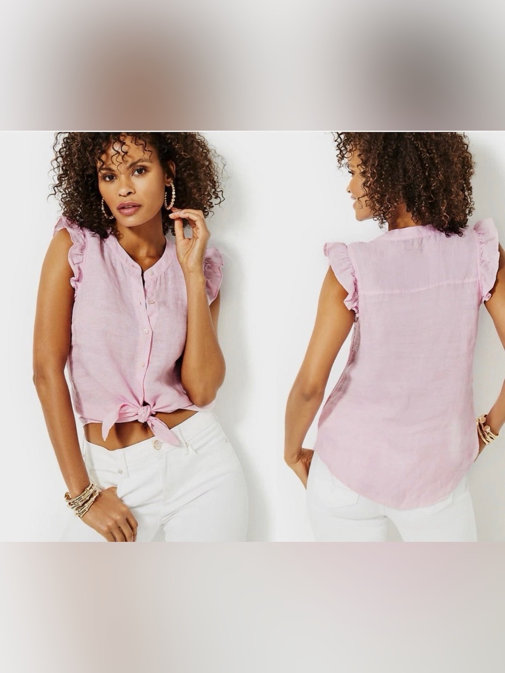 Lilly Pulitzer Briette ButtonDown Pink Ruffle Slv Urchin Pink Wmn’s Med Linen
